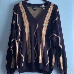 Valentino Navy blue, Copper, Ivory Vintage Loose Fit V-neck Pullover Sweater. -L
